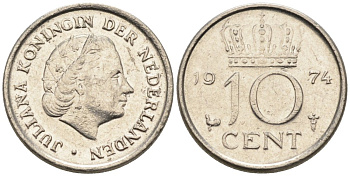 Нидерланды 10 центов 1974 Юлиана (1949-1980) КМ 182 никель 4567-556