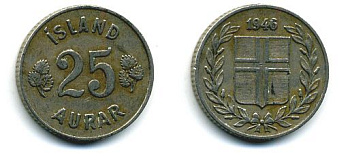 Исландия 25 эйре 1946 KM 11 медно-никель 46-2432