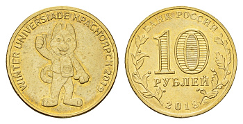 Россия 10 рублей 2018 Универсиада в Красноярске 2019 (Талисман) Y 1832 сталь плакированная латунью UNC 3718-1017