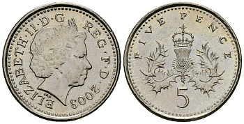 Великобритания 5 пенсов 2003 Елизавета II (1952-2022) KM 988, Spink 4670 (D5) медно-никель 4173-766