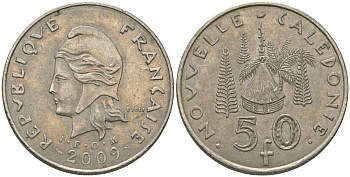 Французская Новая Каледония 50 франков 2009 хижина среди сосен и пальм, (IEOM) KM 13a, Schoen 15a, Lec 128i медно-никель 114-1041