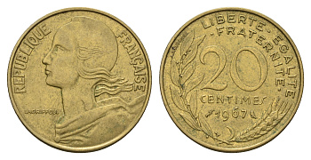 Франция 20 сантимов 1967 тип Marianne KM 930 медь алюминий никель 4681-655
