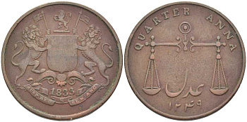 Британская Индия 1/4 анна 1833 год 1249, Бомбейское президентство, монетный двор Калькутта, большие английские буквы KM 232 медь 119-227