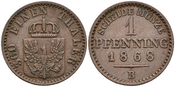 Пруссия 1 пфенниг 1868 B, Вильгельм I (1861-1888) KM 480 медь 4576-145