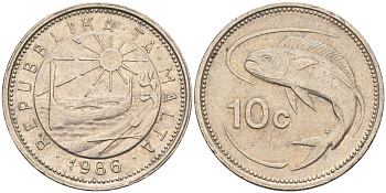 Мальта 10 центов 1986 золотая макрель KM 76 медно-никель 4588-162