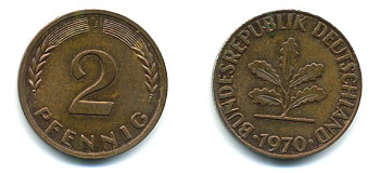 ФРГ 2 пфеннига 1970 J KM 106a, J.381a сталь плакированная медью 3999-1137