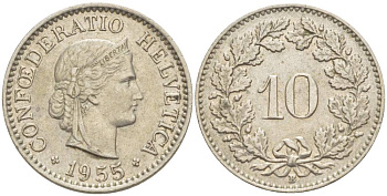 ШВЕЙЦАРИЯ 10 РАППЕНОВ 1955 В KM 27 медно-никель 216-1251
