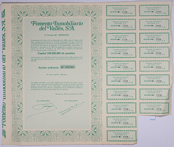 Испания акция на 1000 песет 1973 Fomento Inmobiliario del Valles, S.A., Барселона 1973, с купонами   бумага   5548-13-2-2