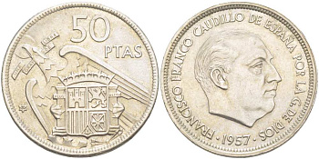 Испания 50 песет 1957 (60) Франциско Франко (1939-1975) KM 788 медно-никель XF+ 4517-236