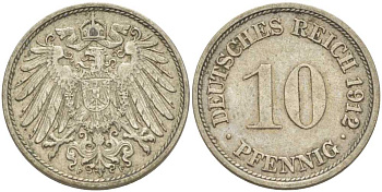 ГЕРМАНИЯ 10 ПФЕННИГОВ 1912 F KM 12, J. 13, Weege 8 медно-никель 212-155
