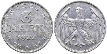 ГЕРМАНИЯ 3 МАРКИ 1922 А KM 28, J. 302 алюминий 38-234