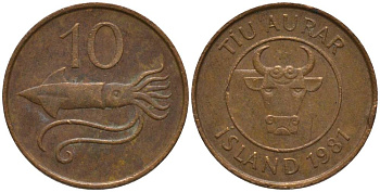 Исландия 10 эйре 1981 кальмар KM 25 бронза 211-922