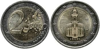 ФРГ 2 евро 2015 D, ГЕССЕН, ЦЕРКОВЬ СВЯТОГО ПАВЛА ВО ФРАНКФУРТЕ-НА-МАЙНЕ, СЕРИЯ ФЕДЕРАЛЬНЫЕ ЗЕМЛИ ГЕРМАНИИ KM NEW биметалл 34-732