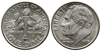 США 10 ЦЕНТОВ = 1 ДАЙМ 1998 D, РУЗВЕЛЬТ KM 195а медь плакированная медно-никелем 57-1251