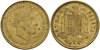 Испания 1 песета 1966 (73) Франсиско Франко (1939-1975) KM 796 алюминиевая бронза    4597-126