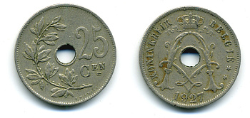 БЕЛЬГИЯ 25 САНТИМОВ 1927 BELGIQUE KM 68.1 медно-никель 86-1831