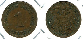 ГЕРМАНИЯ 1 ПФЕННИГ 1892 A KM 10, J. 10 медь 701-122