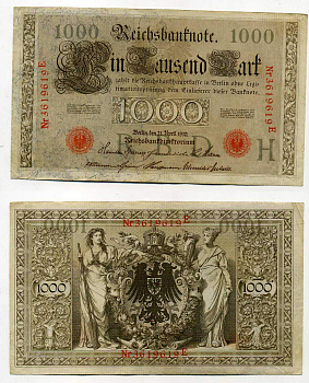 Германия 1000 марок 1910 красная печать, 7 значный номер Pick 44 b  бумага   8610-42-1-1