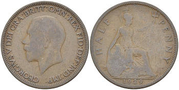 Великобритания 1/2 пенни 1929 Георг V (1910-1936) KM 837, Spink 4058 бронза 4513-613