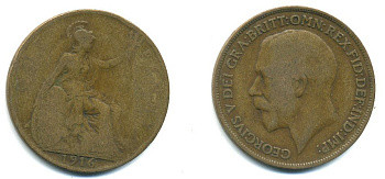 Великобритания 1 пенни 1916 Георг V (1910-1936) КМ 810, Spink 4051 бронза 41-123