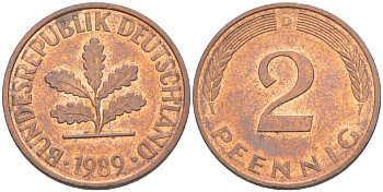 ФРГ 2 ПФЕННИГА 1989 D KM 106а, J. 381а сталь плакированная сталь плакированная медьюю 4181-854