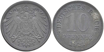 ГЕРМАНИЯ 10 ПФЕННИГОВ 1921 (1917-1922) KM 26, J. 299, Weege 8 цинк 210-312