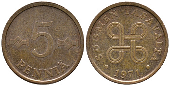 ФИНЛЯНДИЯ 5 ПЕННИ 1971 KM 45 медь 100-1269