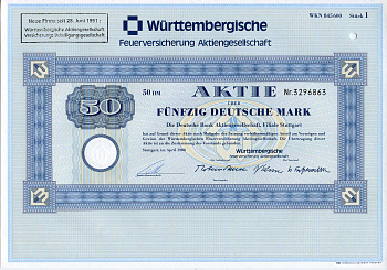 ФРГ 50 марок 1988 Акционерное общество по страхованию от пожаров Вюртемберга, акция   бумага   8803-102-1