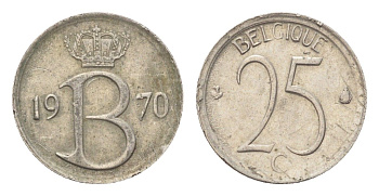 Бельгия 25 сантимов 1970 Belgique, Бодуэн I (1951-1993) KM 153 медно-никель 4705-332