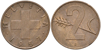 Швейцария 2 раппена 1957 В KM 47 бронза 4591-1212