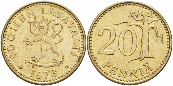 ФИНЛЯНДИЯ 20 ПЕННИ 1973 S KM 47 алюминиевая бронза 3718-1247