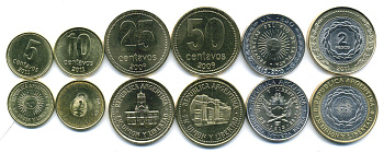 Аргентина лот из 6 монет 2009-2013 5, 10, 25, 50, 1, 2 реала биметалл UNC M79-09