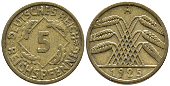 Германия 5 рейхспфеннигов 1925 A KM 39, J. 316, Weege 7 алюминиевая бронза 39-549