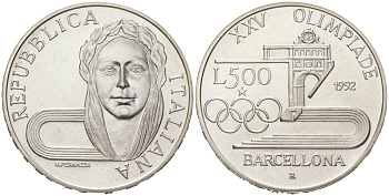 Италия 500 лир 1992 R, XXV Летние Олимпийские игры, Барселона 1992 KM 153 серебро BU 4367-1033