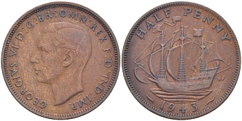 Великобритания 1/2 пенни 1943 Георг VI (1936-1952) KM 844, Spink 4115 бронза 34-1132