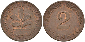 ФРГ 2 пфеннига 1972 D J.381a, KM 106a сталь плакированная медью    4598-768