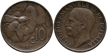 ИТАЛИЯ 10 ЧЕНТЕЗИМО 1920 R, МОНДВОР РИМ, ВИКТОР ЭММАНУИЛ III (1900-1946) KM 60 медь 73-1015