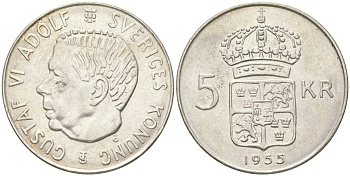Швеция 5 крон 1955 TS, Густав VI Адольф (1950-1973) KM 829 серебро UNC 82-126