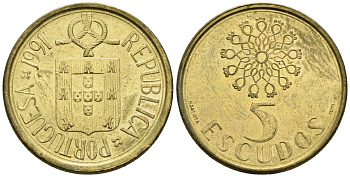 Португалия 5 эскудо 1991 KM 632 никель латунь 4148-456