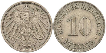 ГЕРМАНИЯ 10 ПФЕННИГОВ 1913 A KM 12, J. 13 медно-никель 33-651