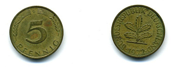 ФРГ 5 ПФЕННИГОВ 1972 G KM 107, J.382 сталь плакированная латунью 59-1414
