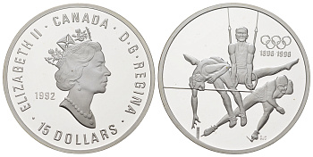 Канада 15 долларов 1992 100 лет Олимпийским играм KM 216 серебро PROOF 11-154-42