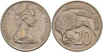 Новая Зеландия 20 центов 1971 Елизавета II (1952-2022), птичка киви KM 36.1 медно-никель 189-211