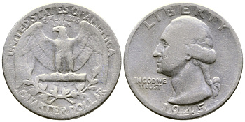 США 25 центов = квотер 1945 Вашингтон KM 164 серебро 4385-455