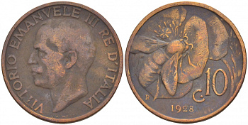 Италия 10 чентезимо 1928 R, Виктор Эммануил III (1900-1946), пчела KM 60 бронза 4544-1111