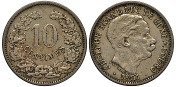 ЛЮКСЕМБУРГ 10 САНТИМОВ 1901 ВЕЛИКИЙ ГЕРЦОГ АДОЛЬФ (1890-1905) КМ 25 медно-никель 4538-715