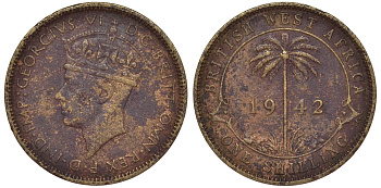 Британская Западная Африка 1 шиллинг 1942 Георг VI KM 23 медно-никель 25-2321