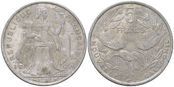 Французская Новая Каледония 5 франков 1992 птица кагу, (IEOM) KM 16, Schoen 12, Lec 80 алюминий 180-1235