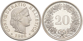 ШВЕЙЦАРИЯ 20 РАППЕНОВ 1986 В KM 29a медно-никель 55-1025