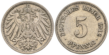 Германия 5 пфеннигов 1912 A, KM 11, J. 12 медно-никель 220-615